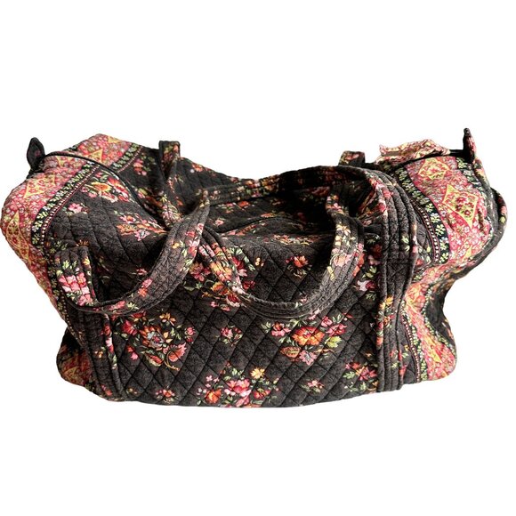 Vintage VERA BRADLEY Chocolate 2092 Large Duffle Bag 2 Handles Zip Brown Floral - Picture 1 of 10